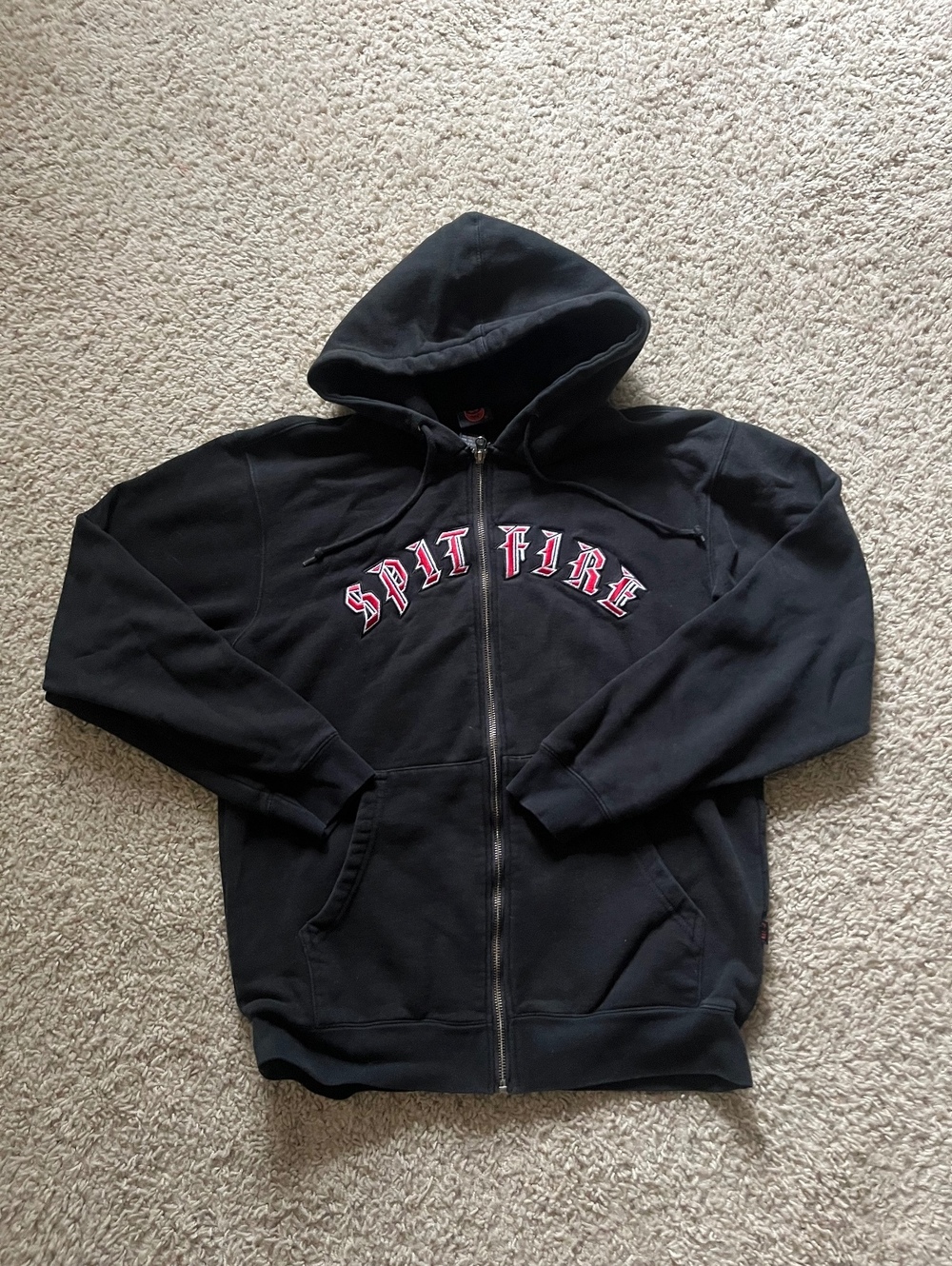 Spitfire Y2K Black Full Zip Spellout Hoodie with Red and White Logo M